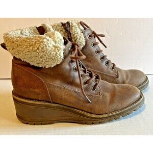 Fergie Ankle Bootie Womens 9.5 Genesis Brown Wedge Outdoor Rugged Sherpa Lined
